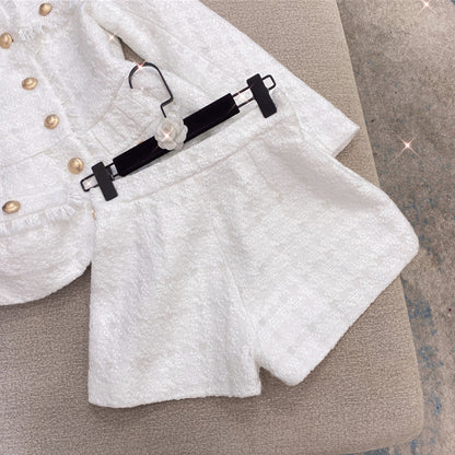 Parisian Ivory Tweed Two-Piece Blazer and High-Waisted Short Set