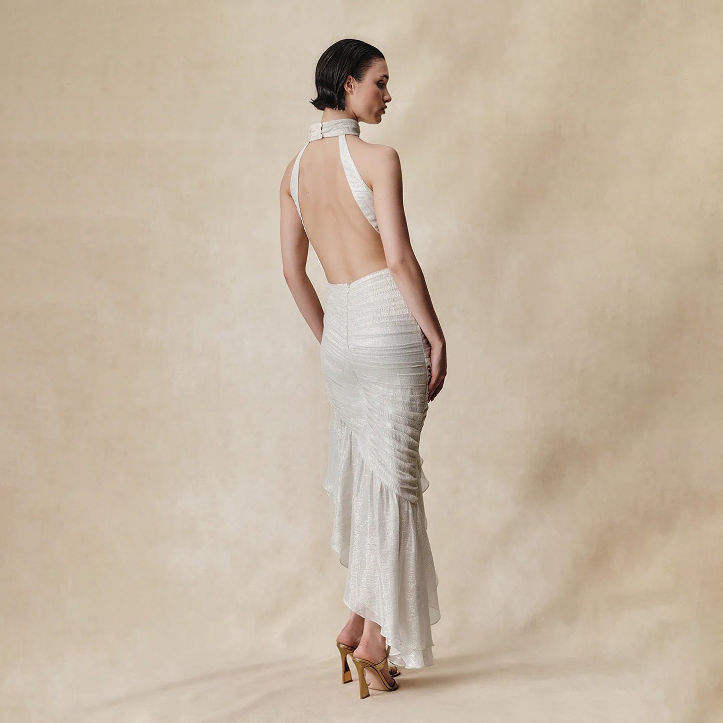 Metallic Plissé Asymmetrical Ruffle Gown - Shimmering Ivory