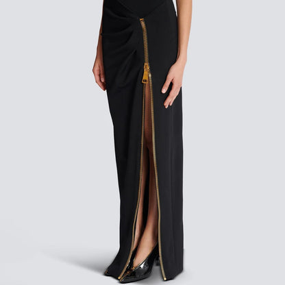 Architectural Strong-Shoulder Zip Column Gown - Onyx Black