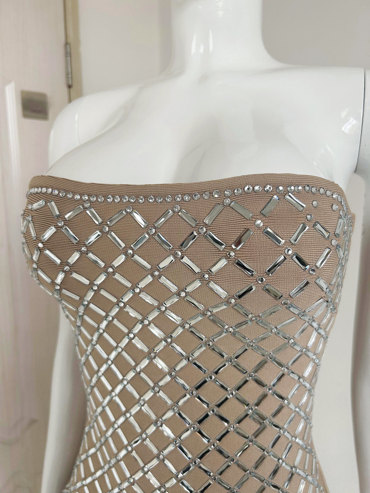 Beaded Lattice Tiered Fringe Gown - Champagne Taupe