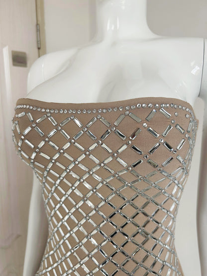 Beaded Lattice Tiered Fringe Gown - Champagne Taupe