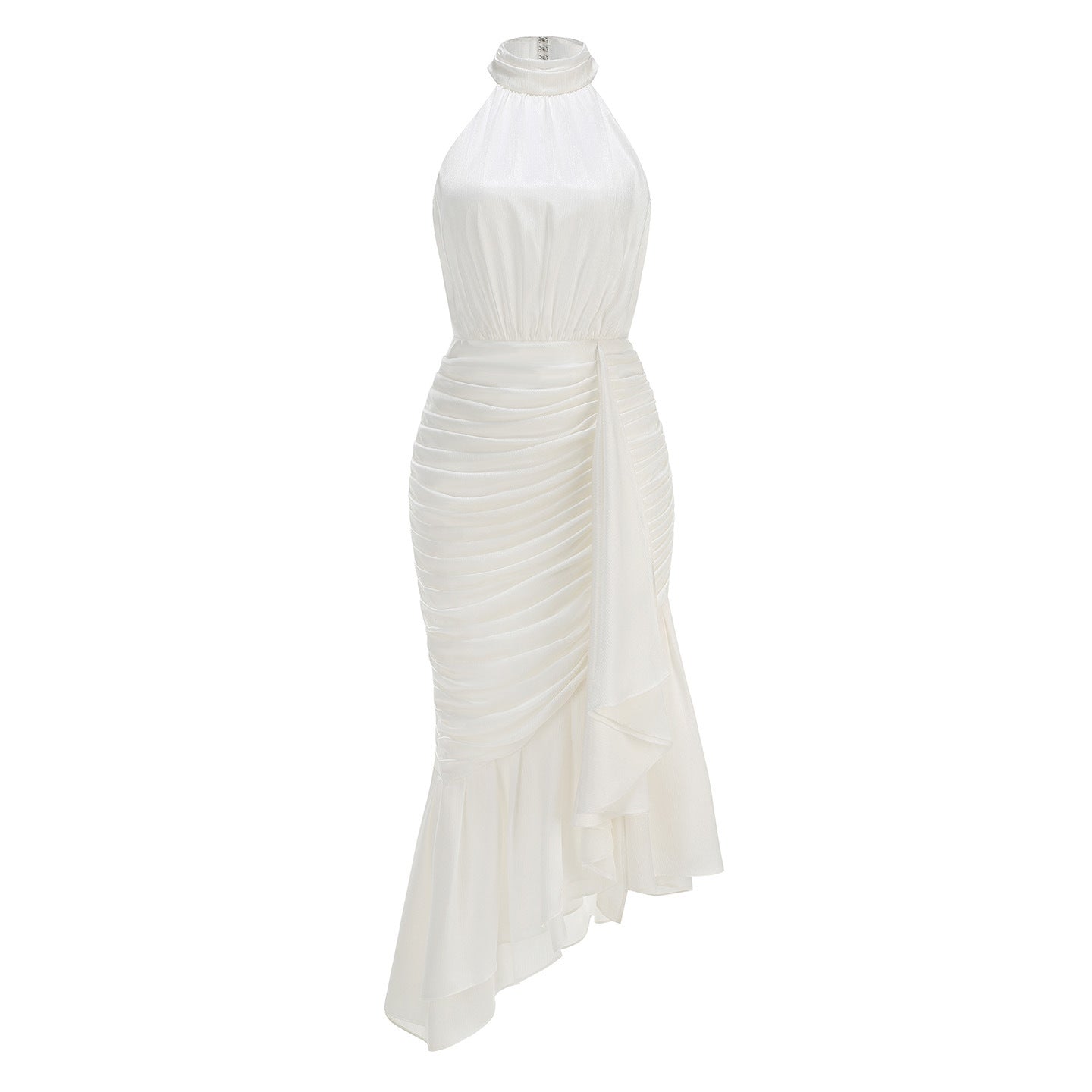 Metallic Plissé Asymmetrical Ruffle Gown - Shimmering Ivory