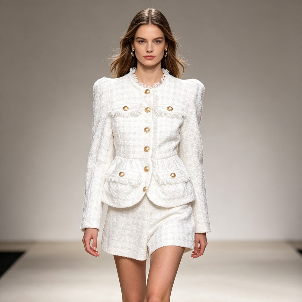 Parisian Ivory Tweed Two-Piece Blazer and High-Waisted Short Set