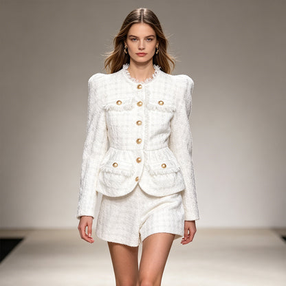 Parisian Ivory Tweed Two-Piece Blazer and High-Waisted Short Set