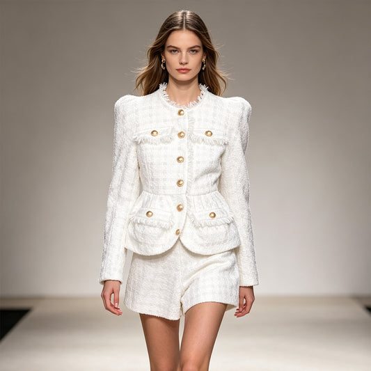 Parisian Ivory Tweed Two-Piece Blazer and High-Waisted Short Set