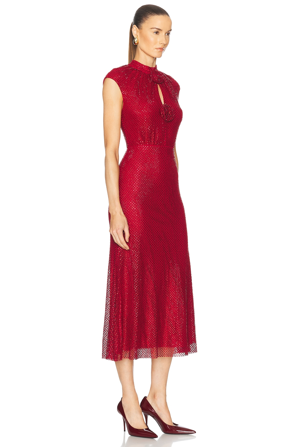 Ruby Red Shimmer Keyhole Rosette Midi Dress