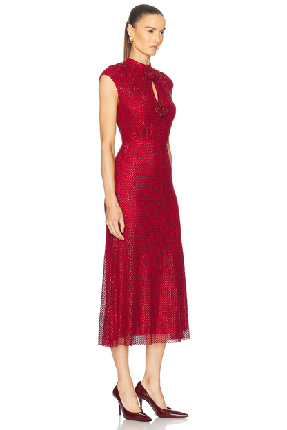 Ruby Red Shimmer Keyhole Rosette Midi Dress