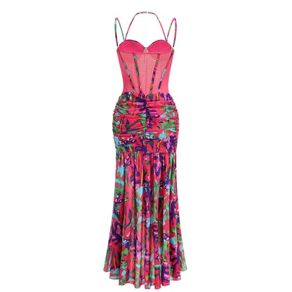 Vibrant Tropical Corset Two-Piece Set - Fuchsia & Emerald