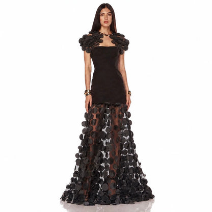 Sculptural 3D Petal Illusion Gown - Onyx Black