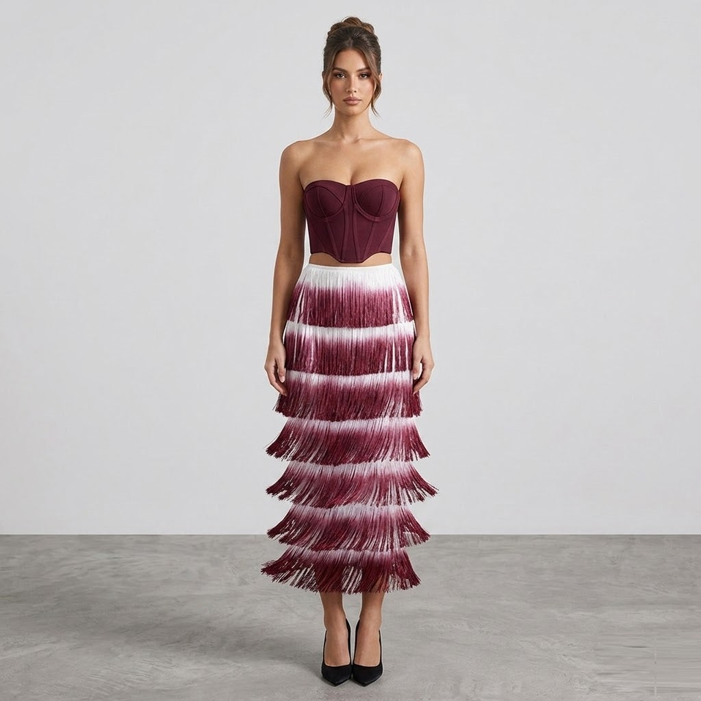Structured Corset Bustier and Tiered Fringe Midi Skirt Set