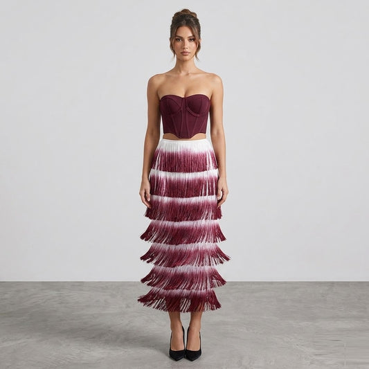 Structured Corset Bustier and Tiered Fringe Midi Skirt Set
