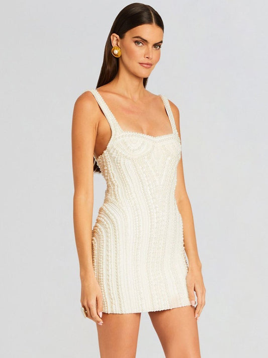 Ivory Pearl-Embellished Structured Mini Dress