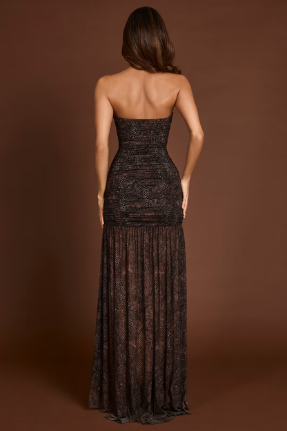 Elegant Ruched Strapless Gown with High Slit