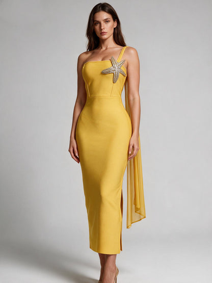 Mustard Yellow Asymmetric Cocktail Gown with Chiffon Drape