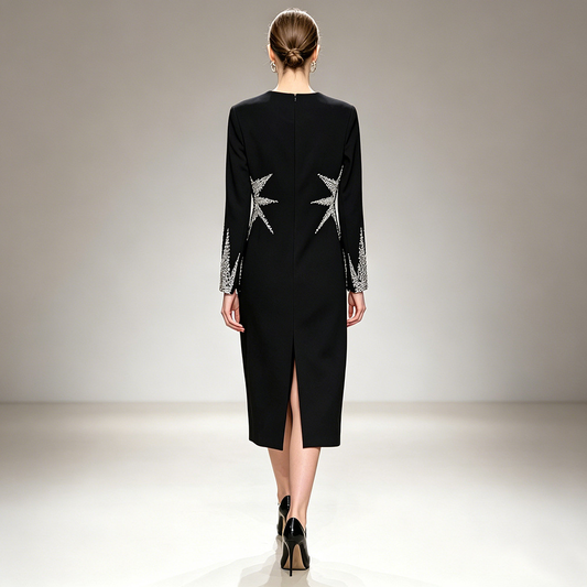 Black Crystal Embellished Long Sleeve Sheath Dress