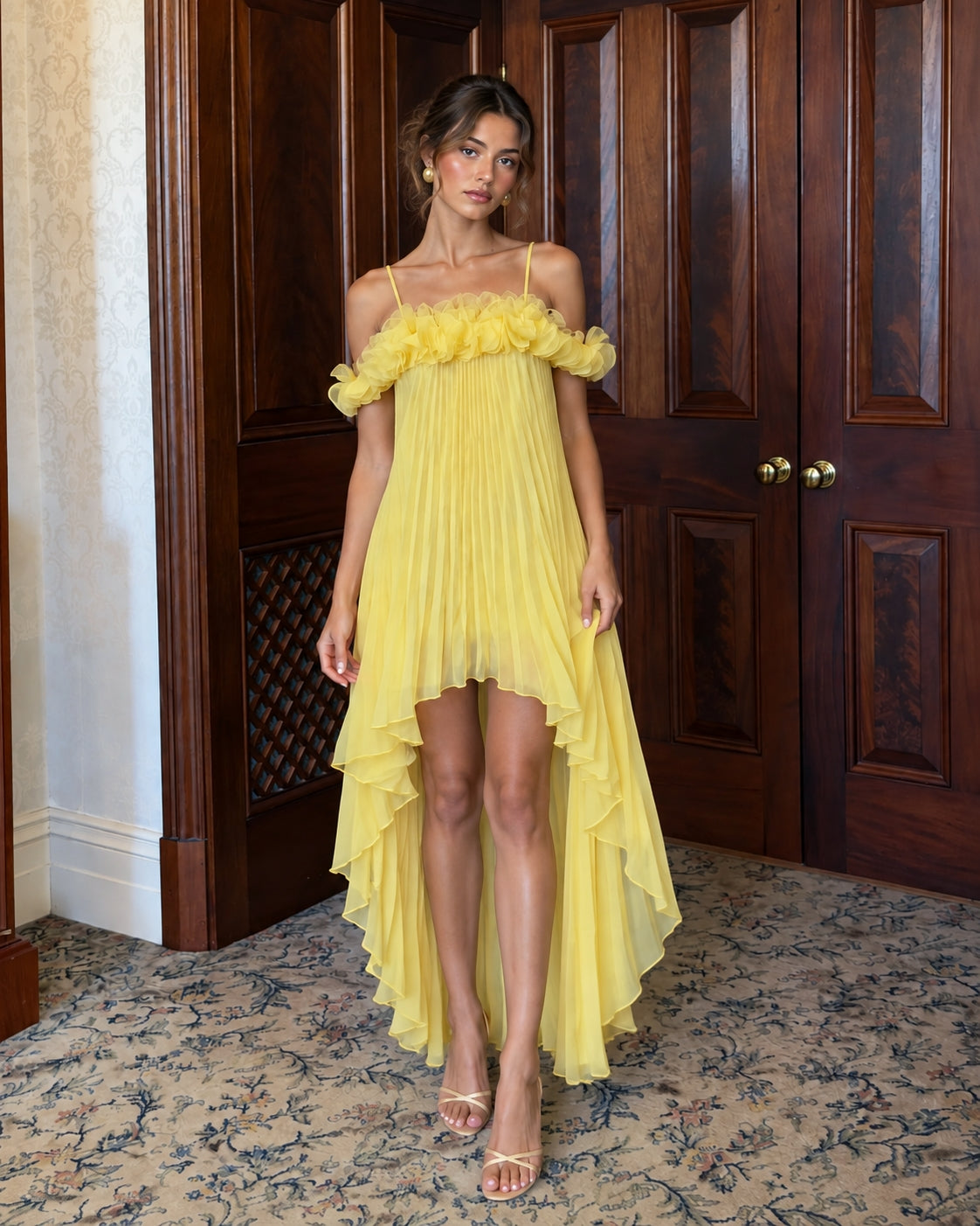 Yellow Pleated Chiffon High-Low Gown