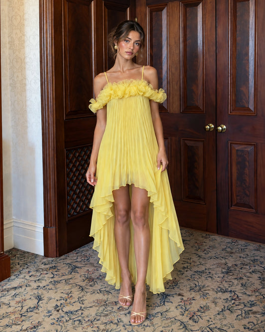 Yellow Pleated Chiffon High-Low Gown