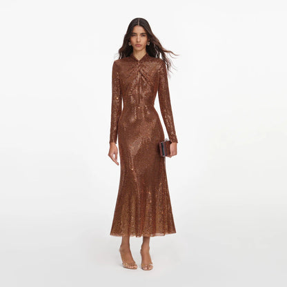 High-Neck Metallic Sequin Fluted Dress - Burnished Bronze