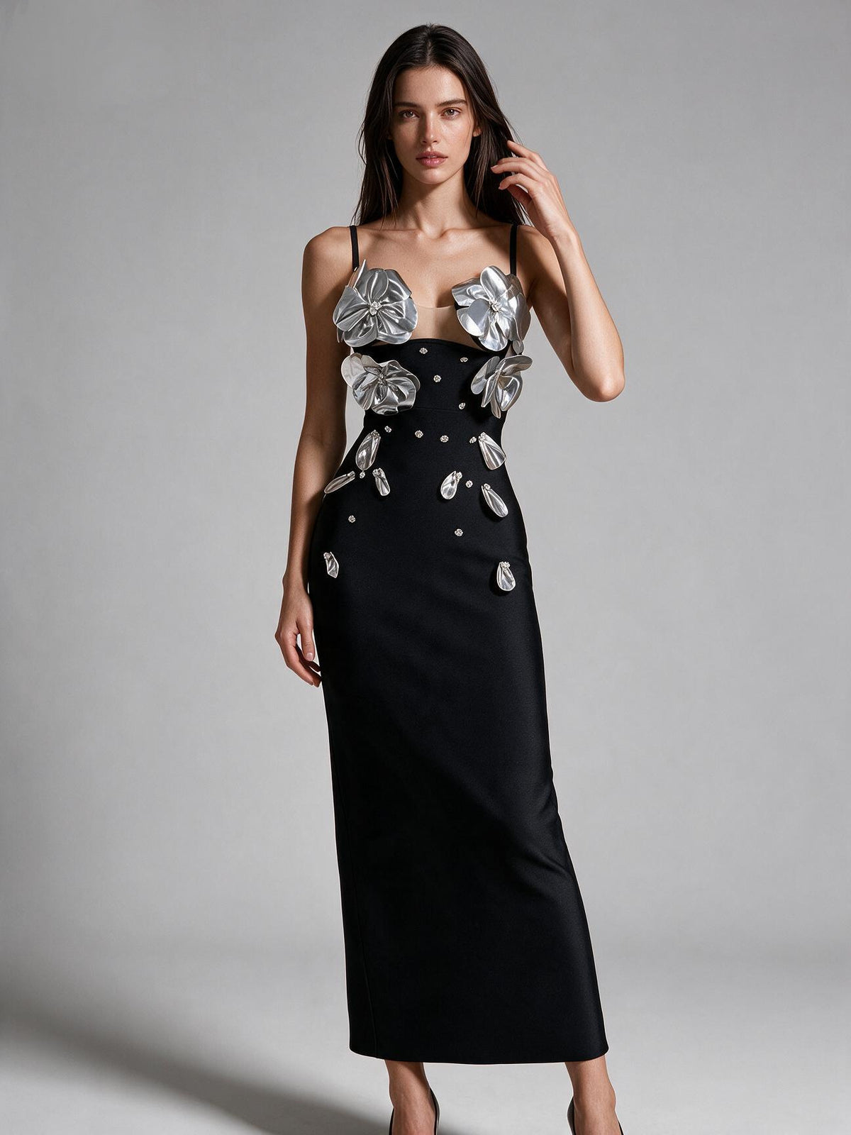 Avant-Garde Black Gown with Silver Floral Embellishments