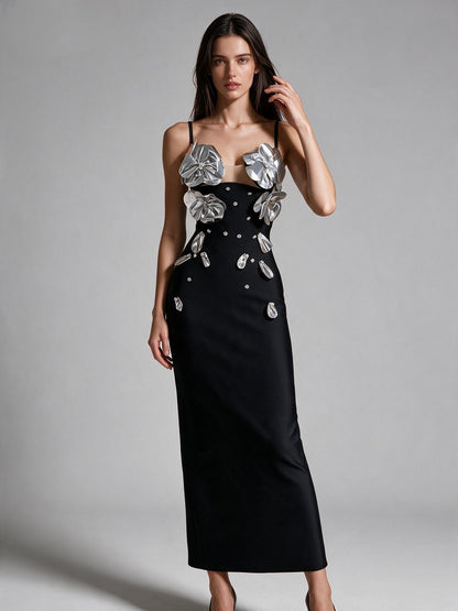 Avant-Garde Black Gown with Silver Floral Embellishments
