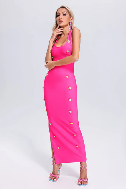 Hot Pink Bandage Midi Dress with Gold Buttons