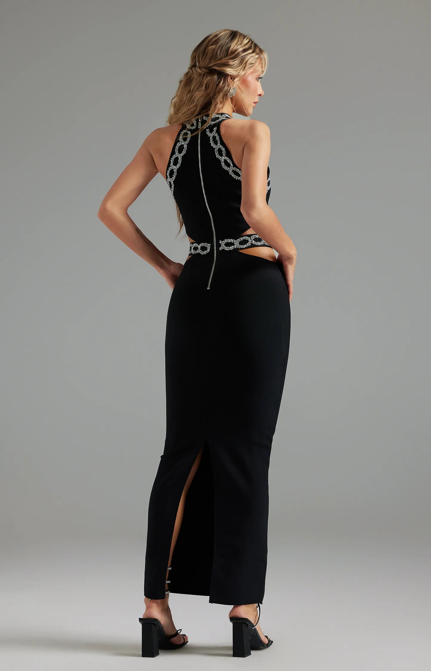 Crystal-Trim Floral Cutout Halter Dress - Black