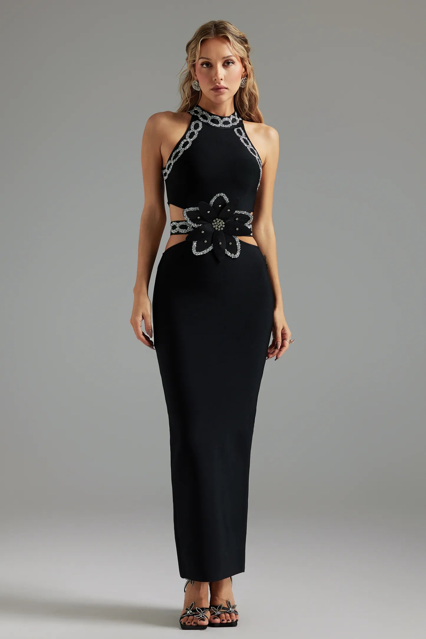 Crystal-Trim Floral Cutout Halter Dress - Black
