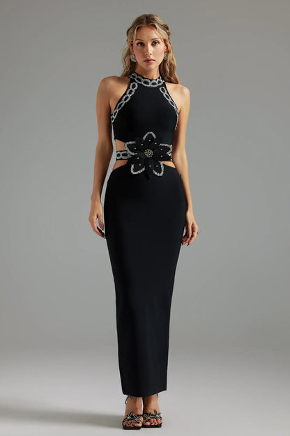 Crystal-Trim Floral Cutout Halter Dress - Black