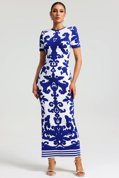 Lerae Round Neck Short Sleeve Jacquard Bandage Maxi Dress