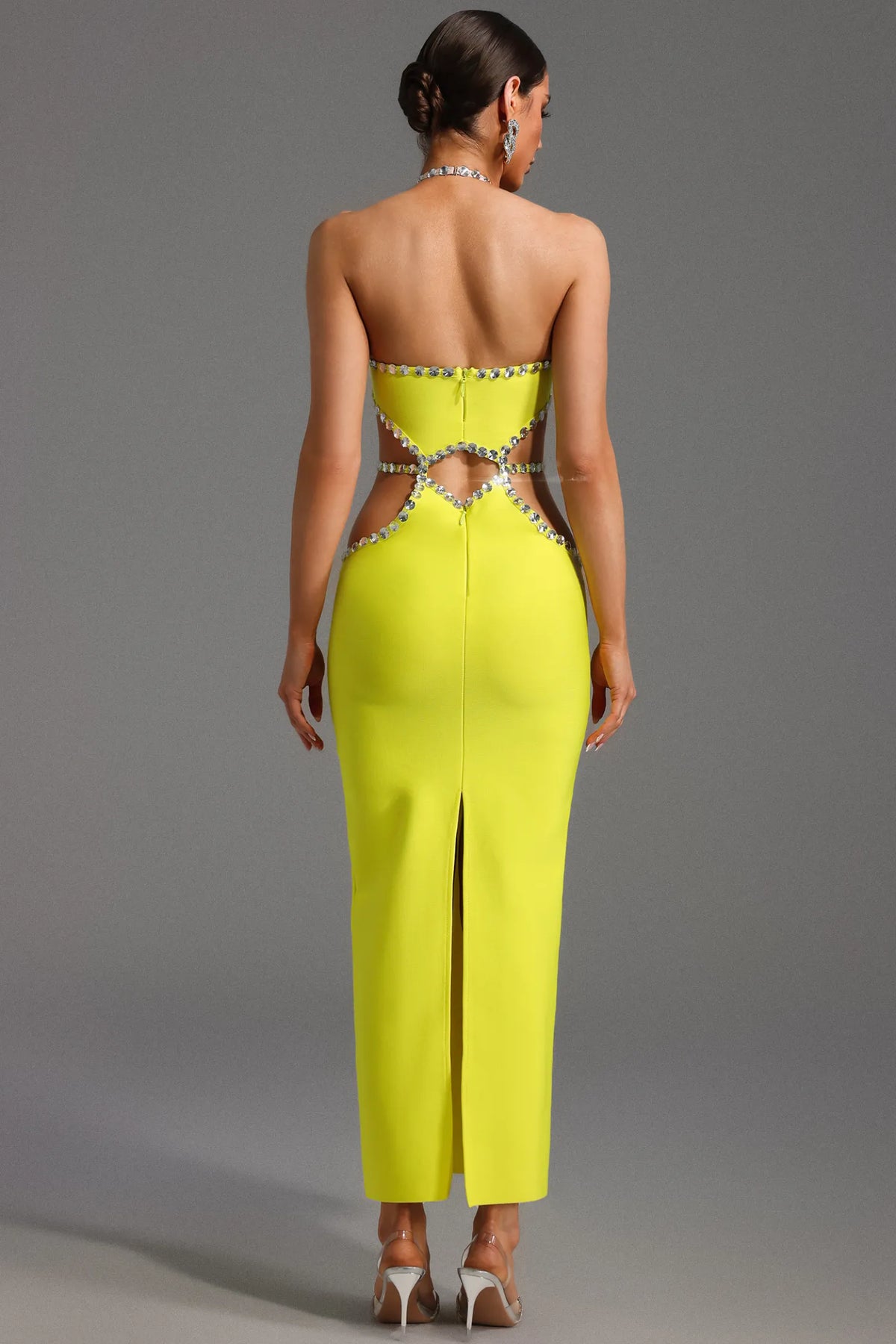 Electric Yellow Crystal Trim Cutout Bandage Maxi Dress