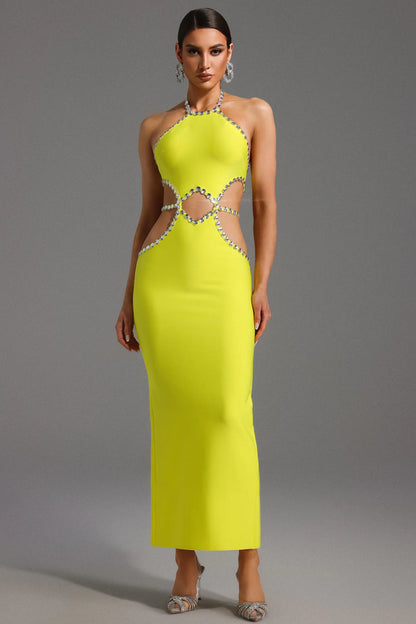 Electric Yellow Crystal Trim Cutout Bandage Maxi Dress