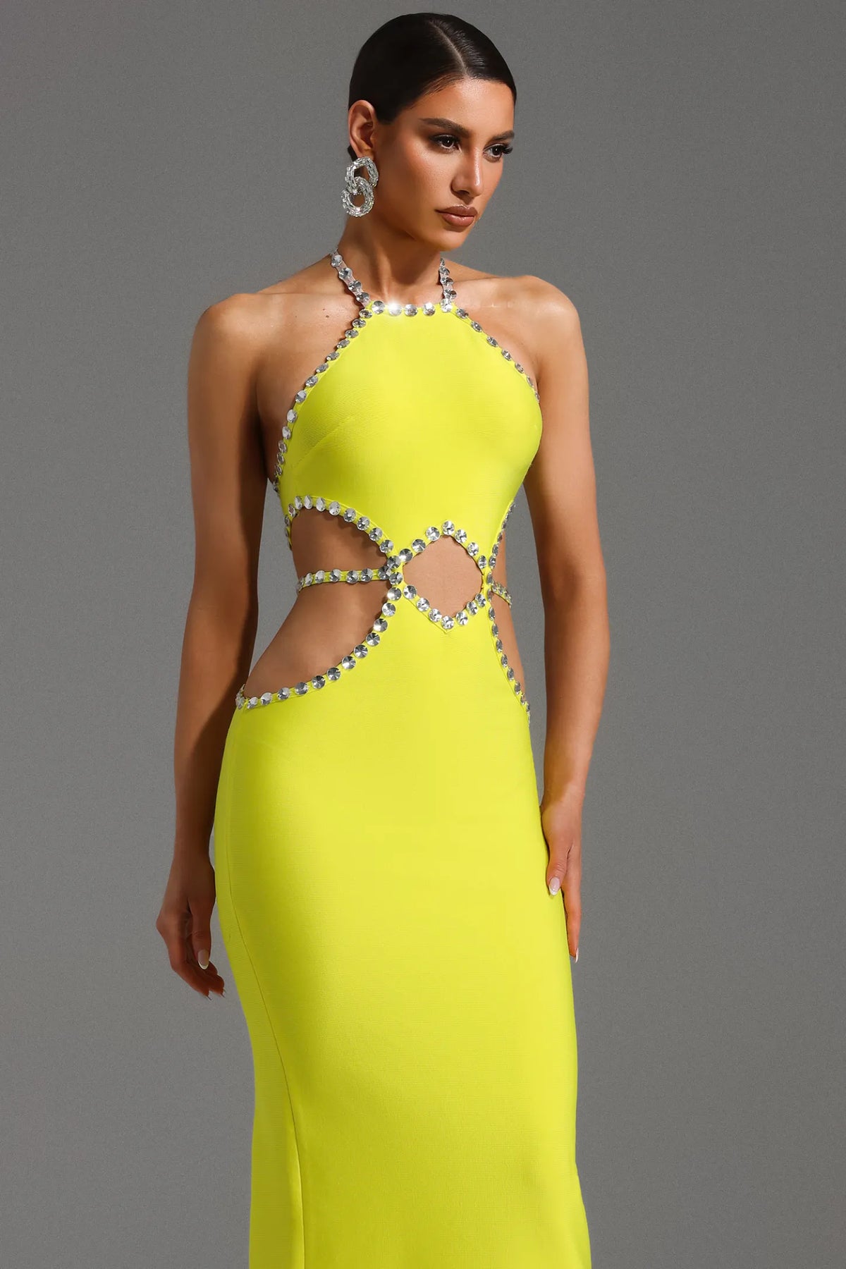 Electric Yellow Crystal Trim Cutout Bandage Maxi Dress