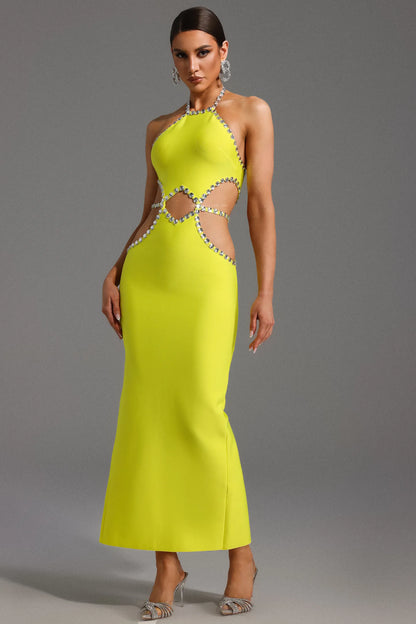 Electric Yellow Crystal Trim Cutout Bandage Maxi Dress