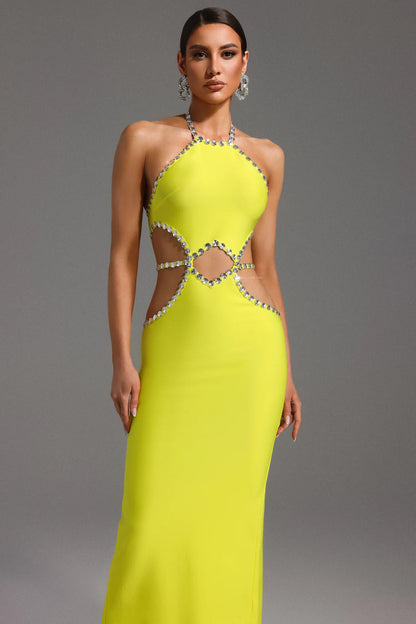 Electric Yellow Crystal Trim Cutout Bandage Maxi Dress
