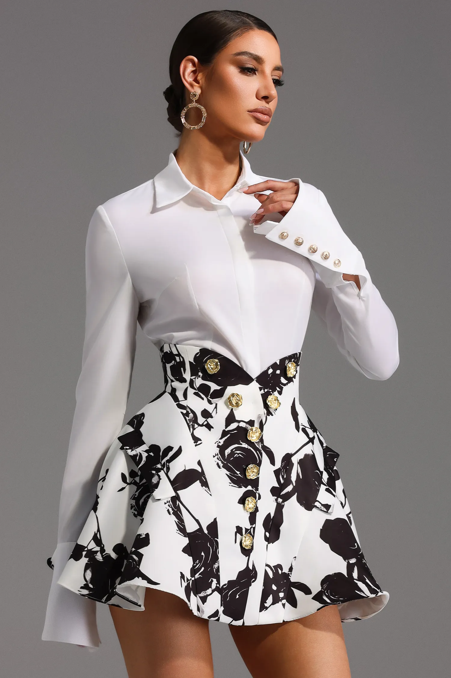 Monochrome Floral Contrast Long Sleeve Mini Dress