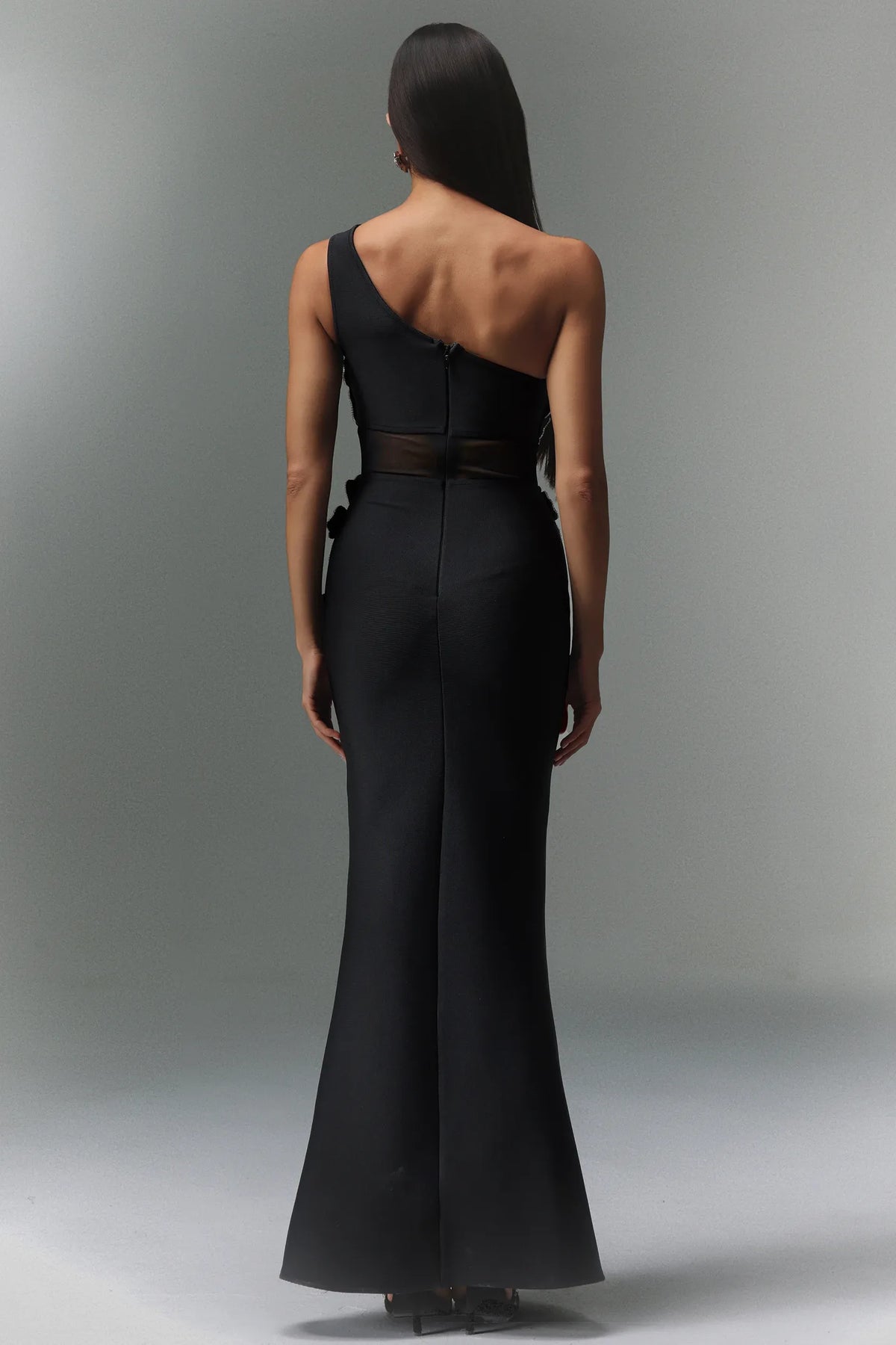 One-Shoulder Crystal Floral Illusion Evening Gown - Black