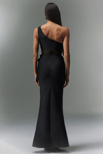 One-Shoulder Crystal Floral Illusion Evening Gown - Black