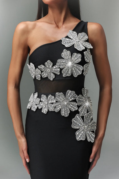 One-Shoulder Crystal Floral Illusion Evening Gown - Black