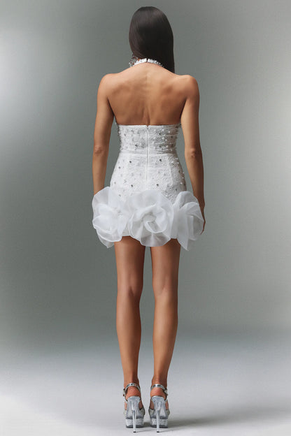 Pearl-Encrusted Halter Mini Dress with Architectural Organza Ruffle Hem
