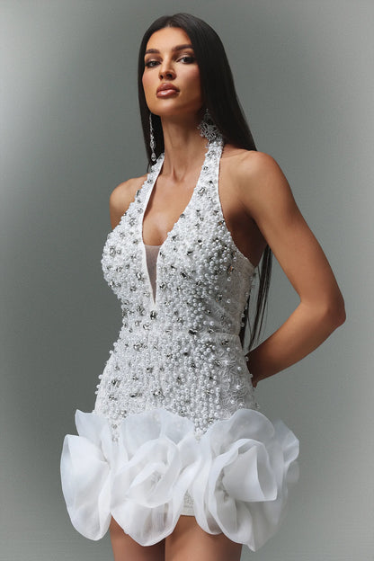 Pearl-Encrusted Halter Mini Dress with Architectural Organza Ruffle Hem