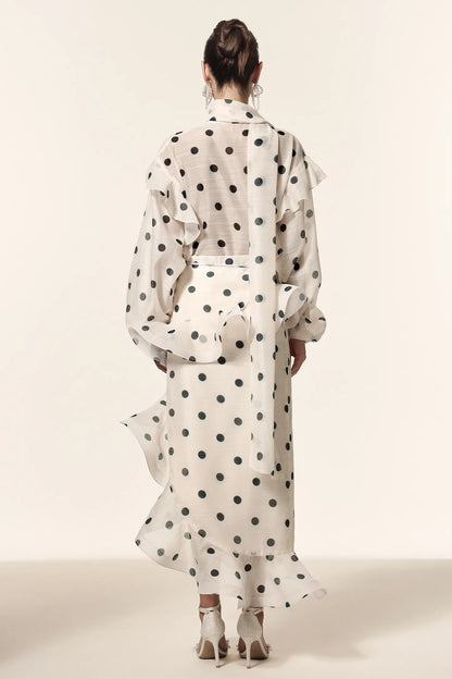 Elegant Polka-Dot Chiffon Blouse and Ruffled Midi Skirt Set