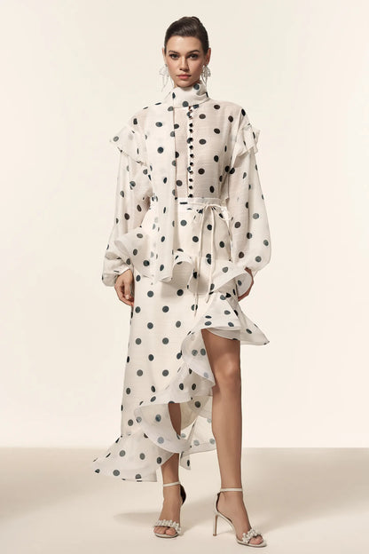 Elegant Polka-Dot Chiffon Blouse and Ruffled Midi Skirt Set