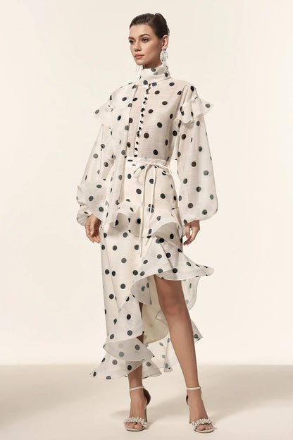 Elegant Polka-Dot Chiffon Blouse and Ruffled Midi Skirt Set