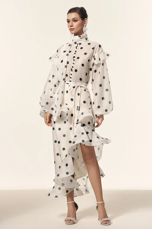 Elegant Polka-Dot Chiffon Blouse and Ruffled Midi Skirt Set