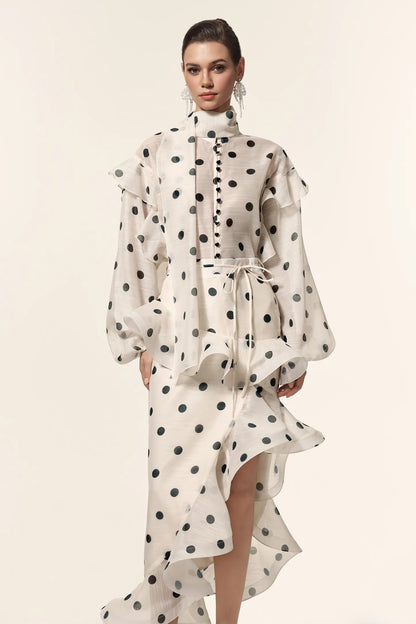 Elegant Polka-Dot Chiffon Blouse and Ruffled Midi Skirt Set