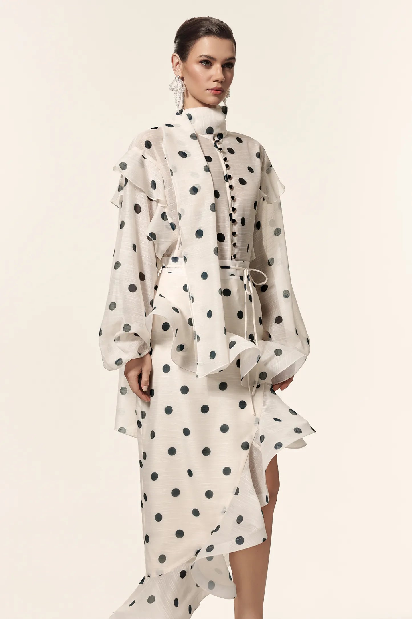 Elegant Polka-Dot Chiffon Blouse and Ruffled Midi Skirt Set