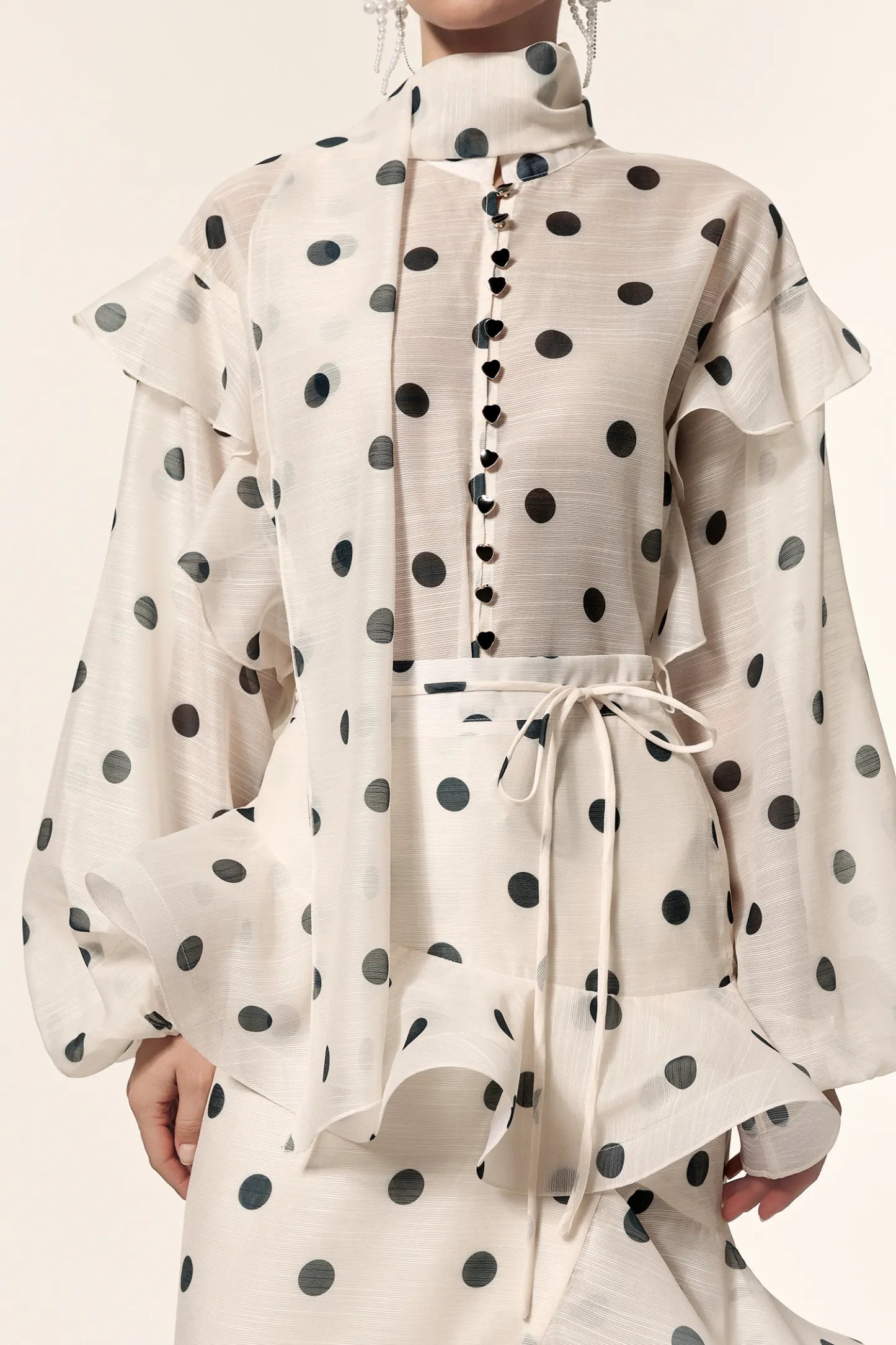 Elegant Polka-Dot Chiffon Blouse and Ruffled Midi Skirt Set