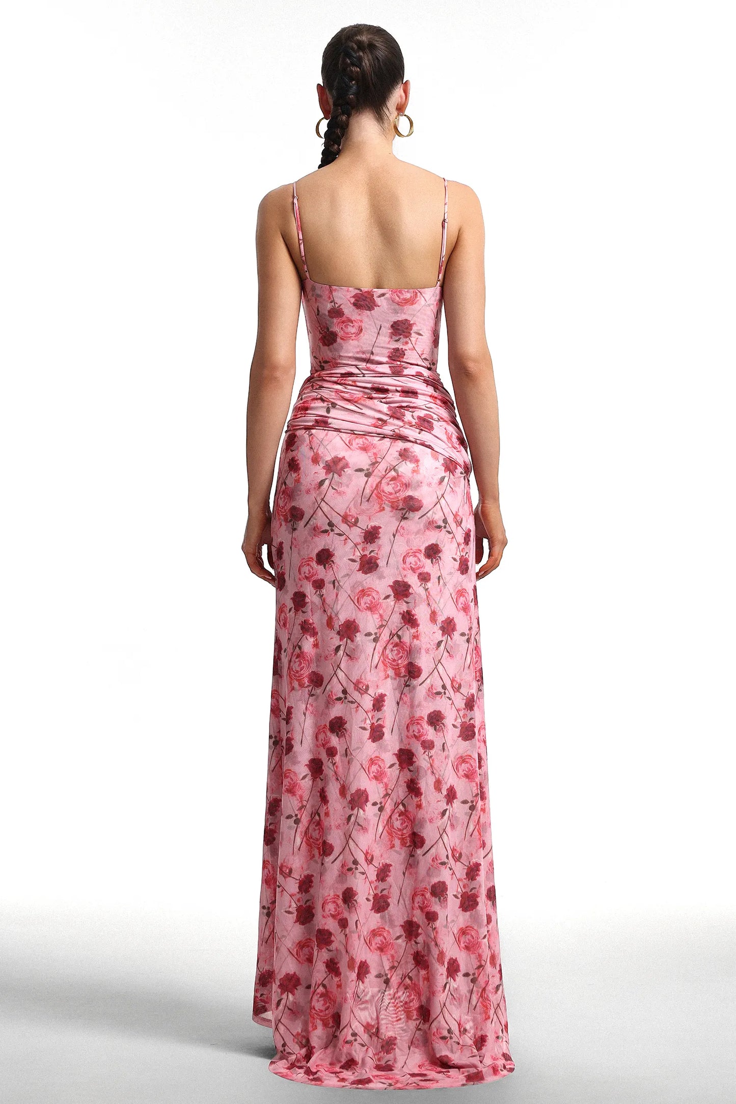 Floral Draped Maxi Gown with Deep V-Neckline