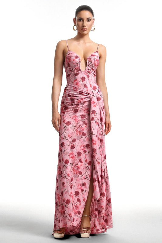 Floral Draped Maxi Gown with Deep V-Neckline