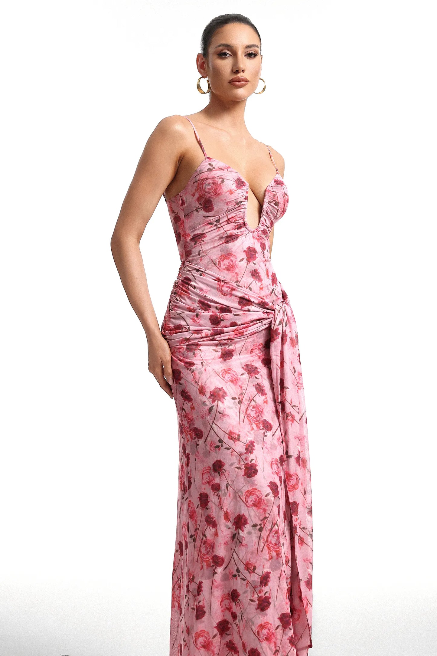 Floral Draped Maxi Gown with Deep V-Neckline